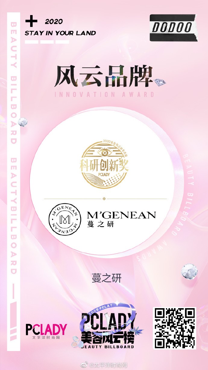 蔓之研荣获2020年PCLADY美容风云榜风云品牌“科研创新奖”